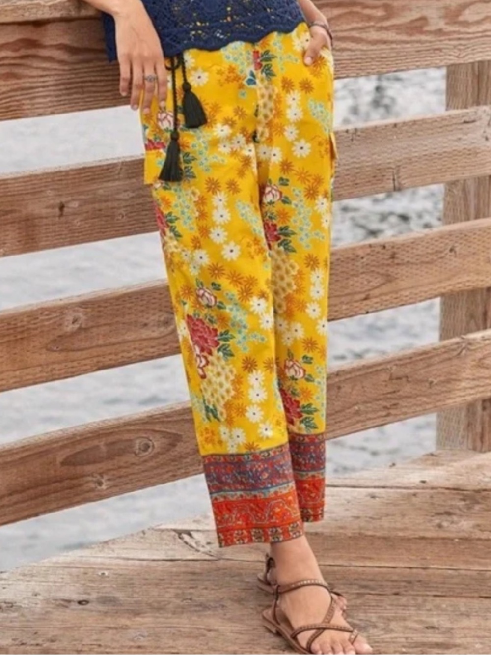 Sundance Bright Yellow Floral Drawstring Pants with Fuchsia Trim